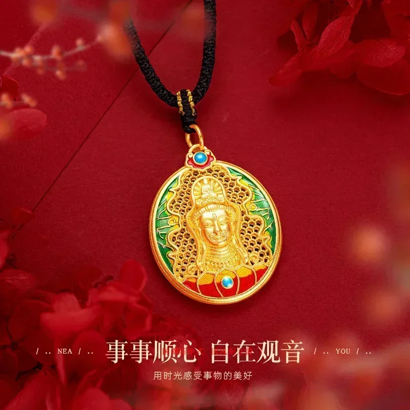 Eldorado Gold  9999 Real Gold 24K Ancient Method Burnt Blue Guanyin Pendant, Enamel Color Male and Female Natal Buddha Pendant N