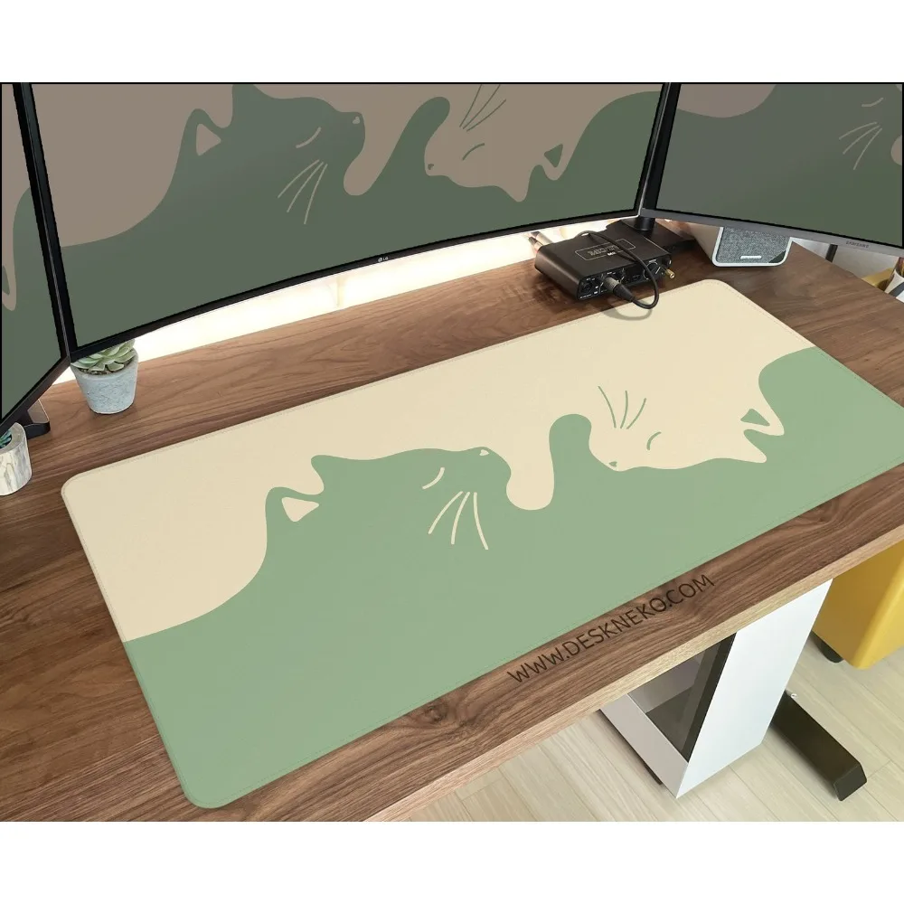 Cute Cats Deskmat, Matcha green Mousepad minimalist, kawaii cat sage soy milk aesthetic wrist rest alfombrilla ratón