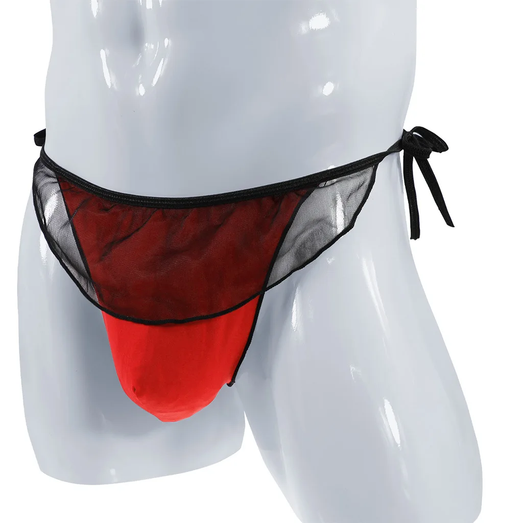 

Men's Folded Ice Silk Drawstring T-back Thong Panties Gay Erotic Low Waist G-string Sissy Lace Splicing Open Buttocks Underpants