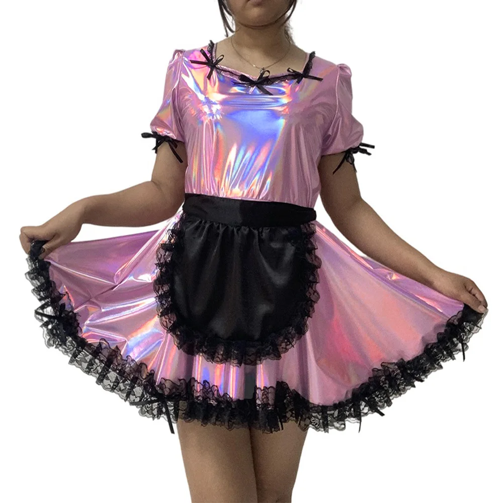 Sissy Lockable Cute Lolita Dresses French Maid Sexy Dress Metallic Puff Sleeve Maids Uniform Anime Cosplay Stage Exotic Costume