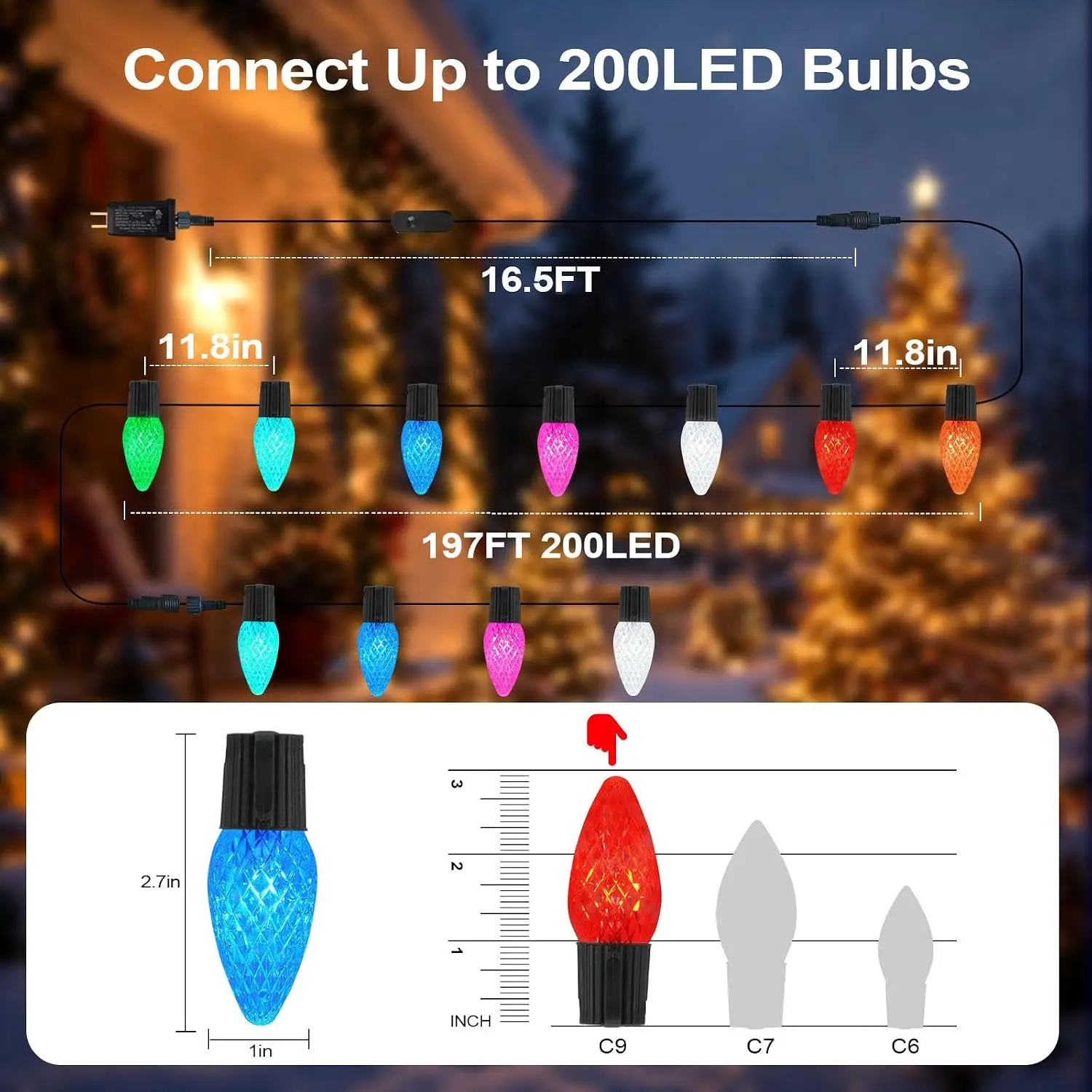 Smart C9 Christmas Outdoor String Lights, 197FT 200 LED RGB Color-Changing Lights with App Remote Control, Decoration