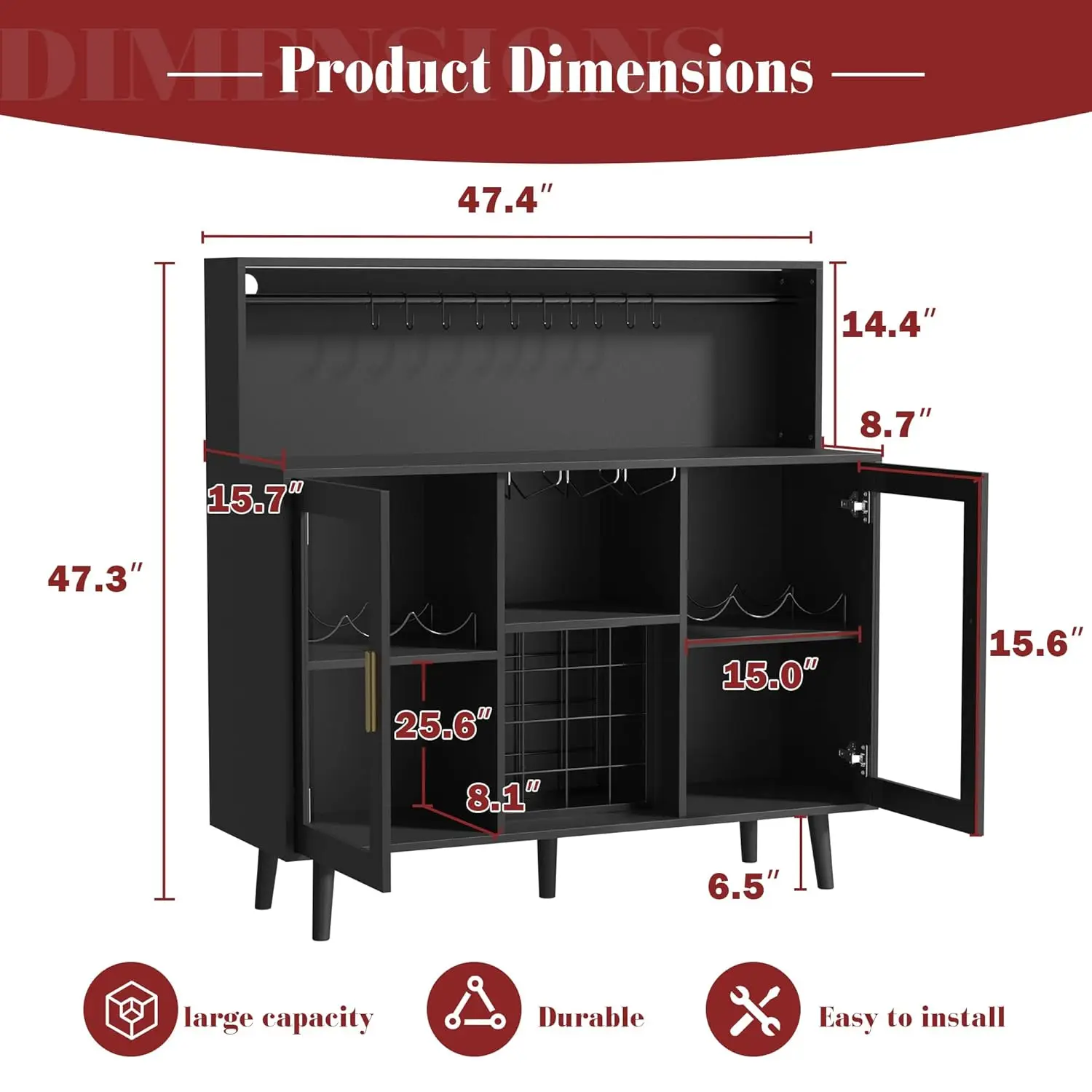 Mueble Bar para Café y Vino con Luces LED, Estante para Copas y Almacenamiento Extraíble, Buffet para Sala de Estar, Comedor y Cocina, Negro, Personalizable