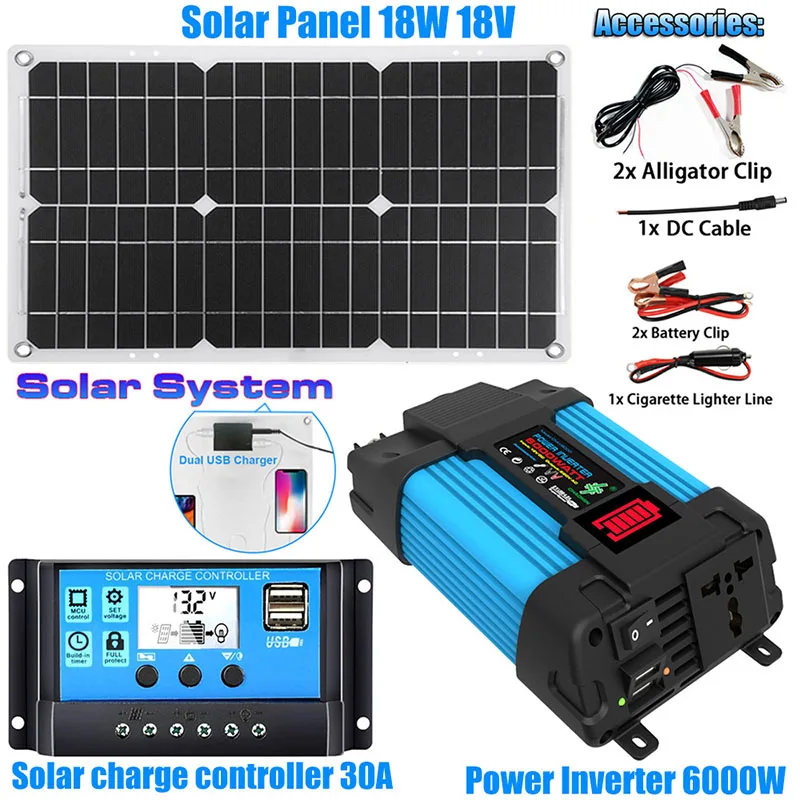 6000W Solar Inverter Solar Panel System DC 12V To AC 110V-220V Solar Improved Sine Wave Converter Intelligent Battery Charging