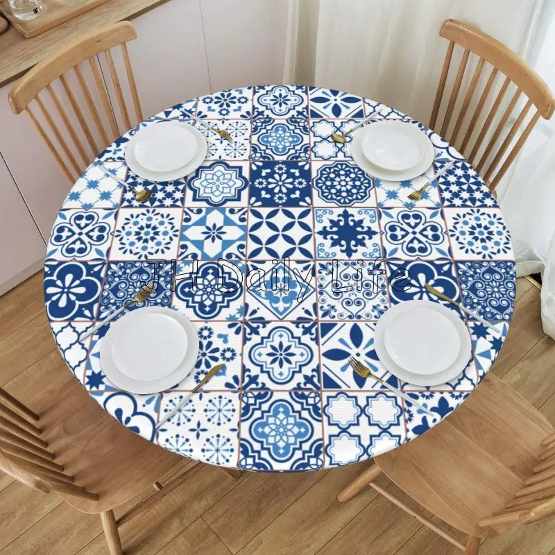 Nappe ronde ajustée en céramique Talavera mexicaine bleue et blanche, couverture de Table élastique et imperméable pour fête, salle à manger, pique-nique