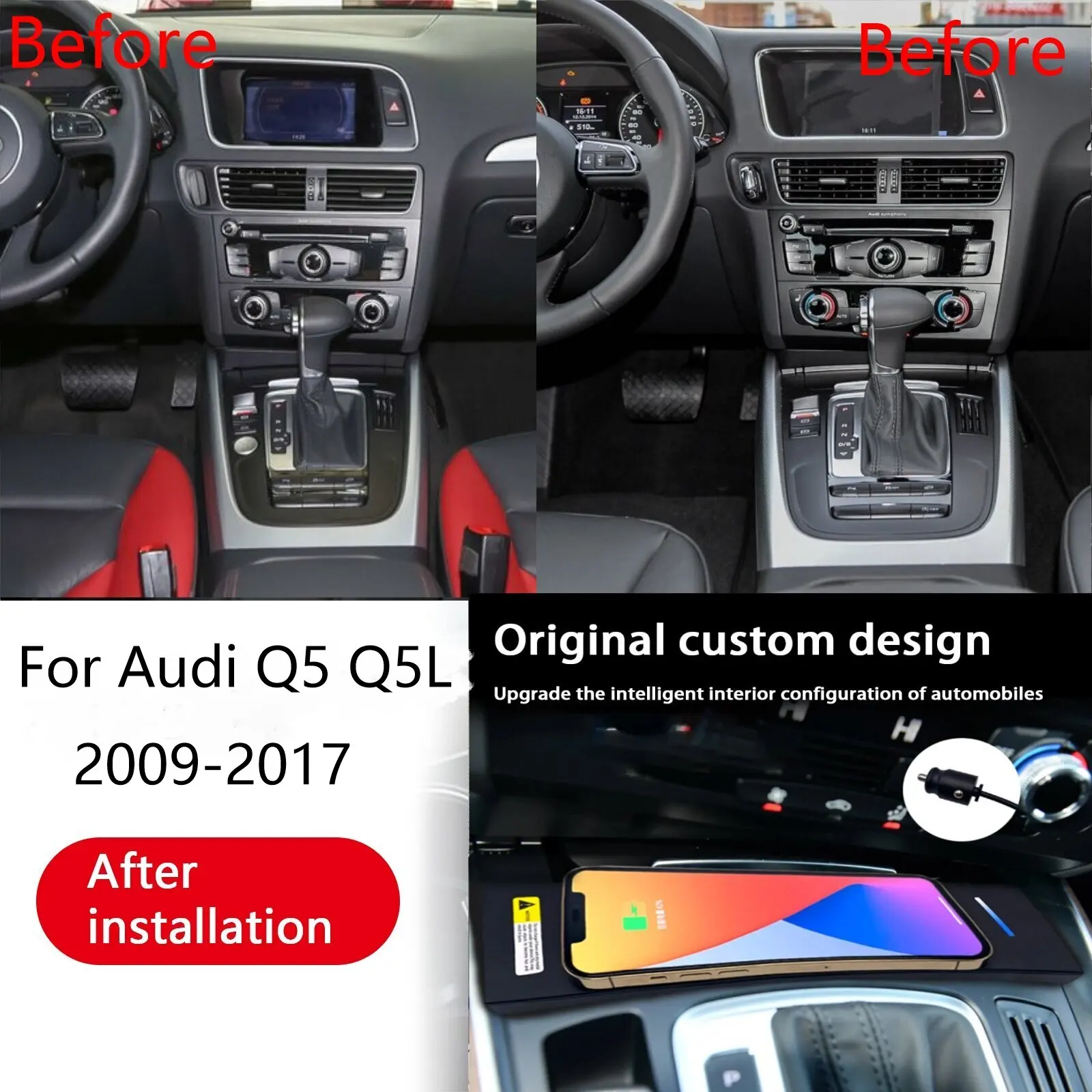 2 DIN For Audi Q5 Q5L 2009-2017 Car center console phone charger fast wireless charger charging plate charging holder
