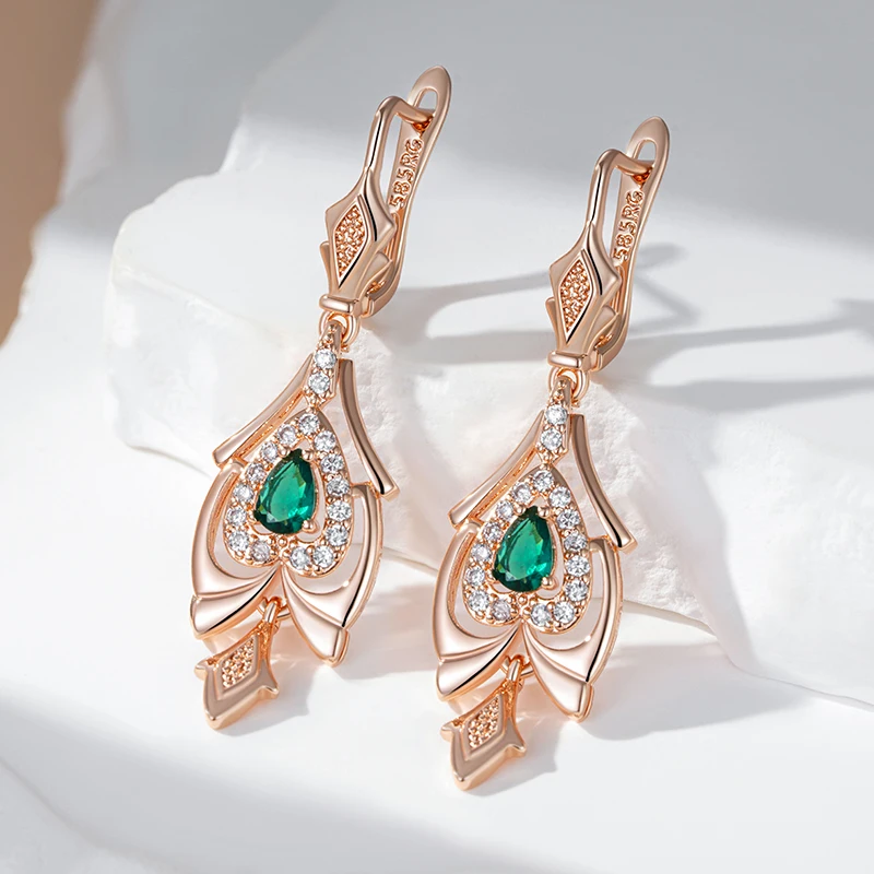 Kinel Hot 585 Rose Gold Color Fine Drop Earrings for Women Crystal Flower Green Natural Zircon Accessories Daily Vintage Jewelry