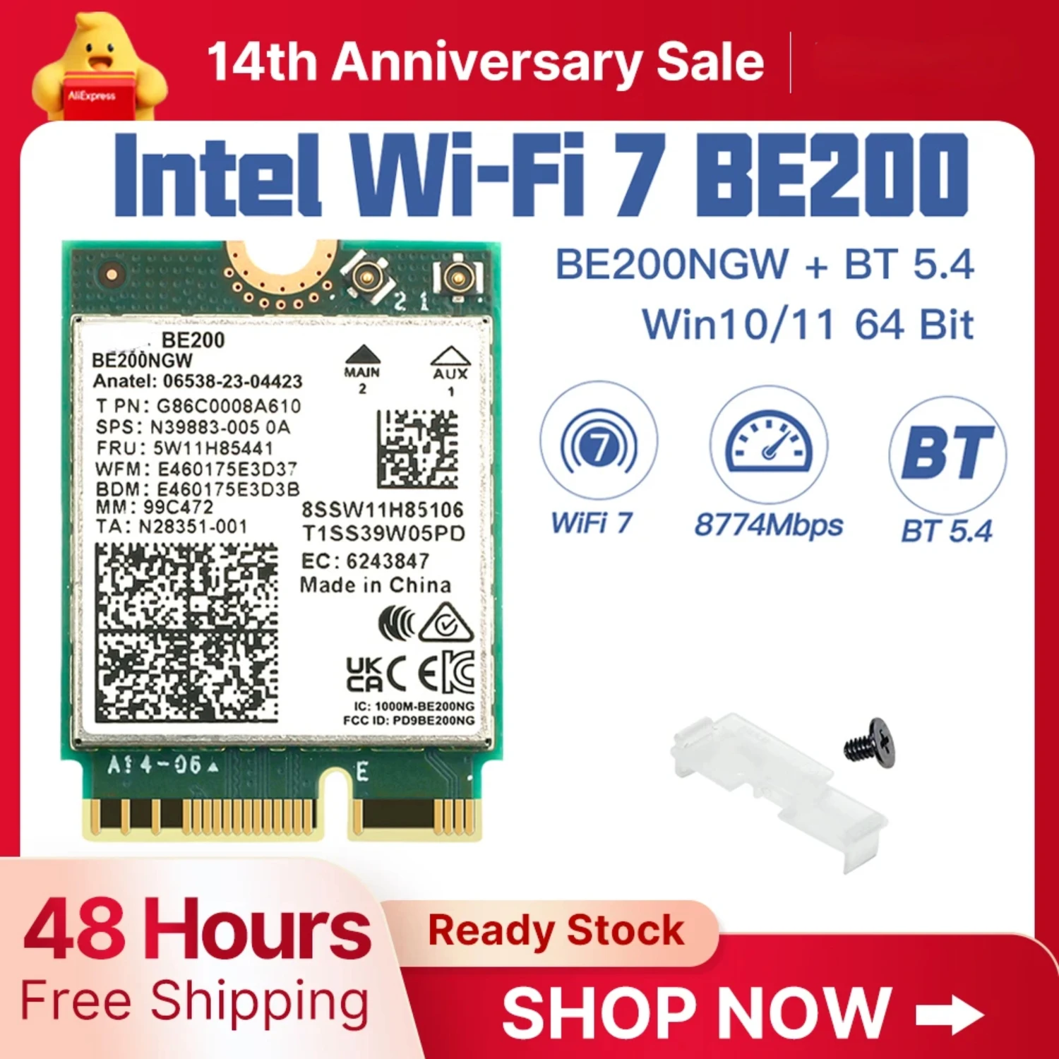 

WIFI 7 For BE200 Wireless Wifi Card BE200NGW Bluetooth 5.4 802.11AX Tri-Band M.2 NGFF Network adapter for Win10/11 WiFi 6E