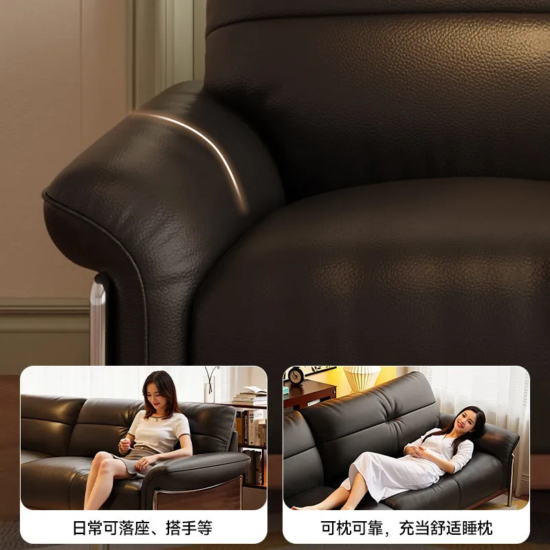 First layer real cowhide leather art sofa walnut solid wood high foot large flat floor living room straight row