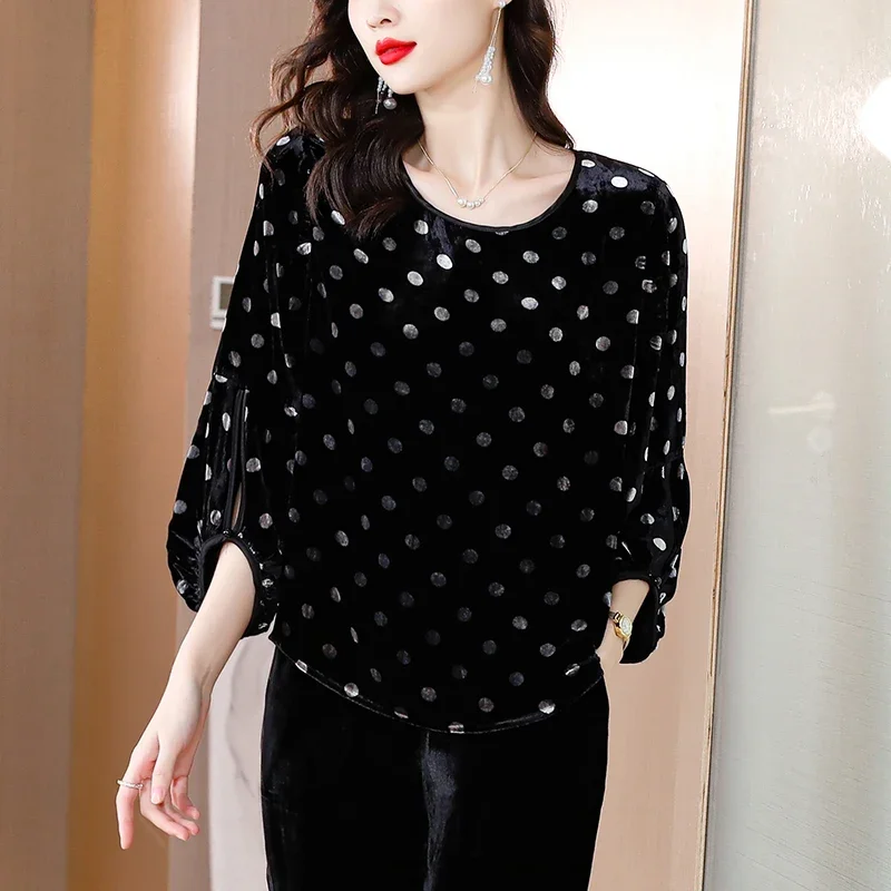 2024 Autumn Winter Elegant Casual Top Shirts Formal Occasion Dot Velvet Print Luxury Short Coat Women Vintage Blouse Prom