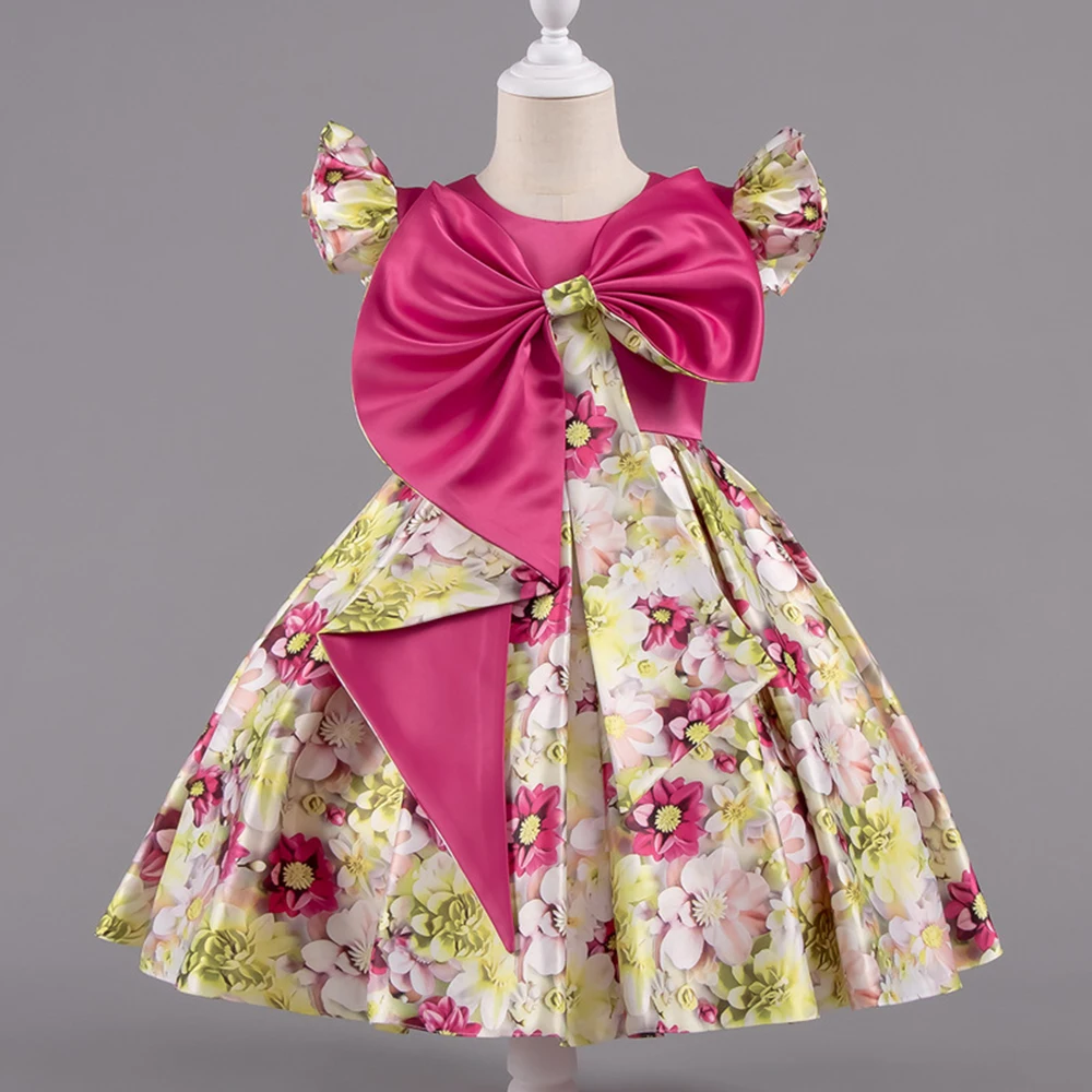 

HETISO Kids Summer Dress For Girls Christmas Floral Printing Birthday Princess Party Wedding Costume Children Wear 2-10 Years