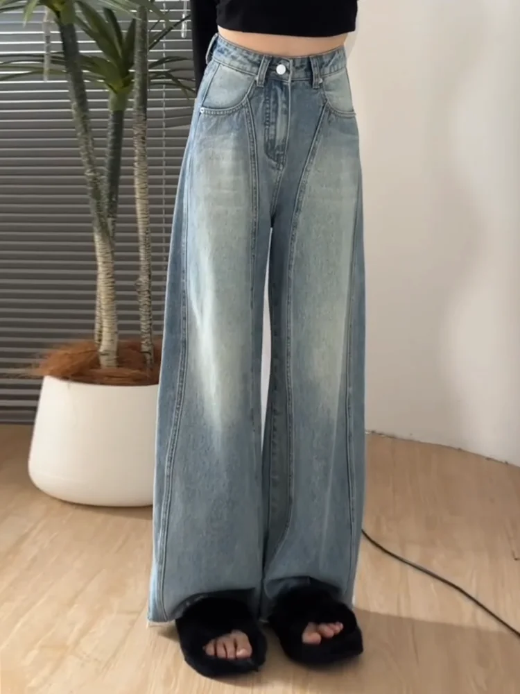 Retro High Waist Wide Leg Denim Jeans Women's Loose Slimming Washed Straight Knife  Jeans Casual Style Spring 2025