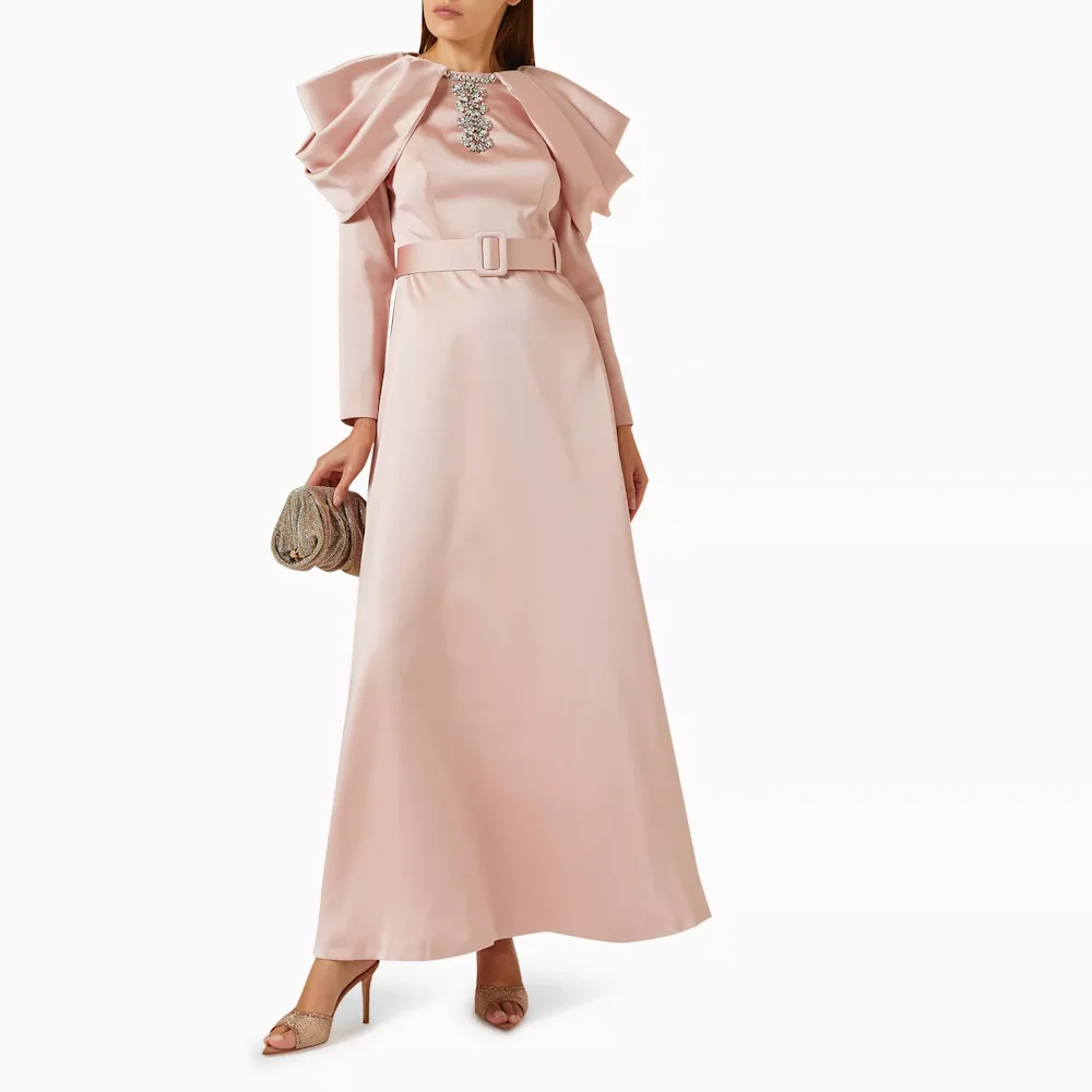 Muloong Light Pink O Neck Maxi Dress Pleated Sleeves Ankle Length A Line Classic Evening Dress Crystal Saudi Aribia Prom Gown