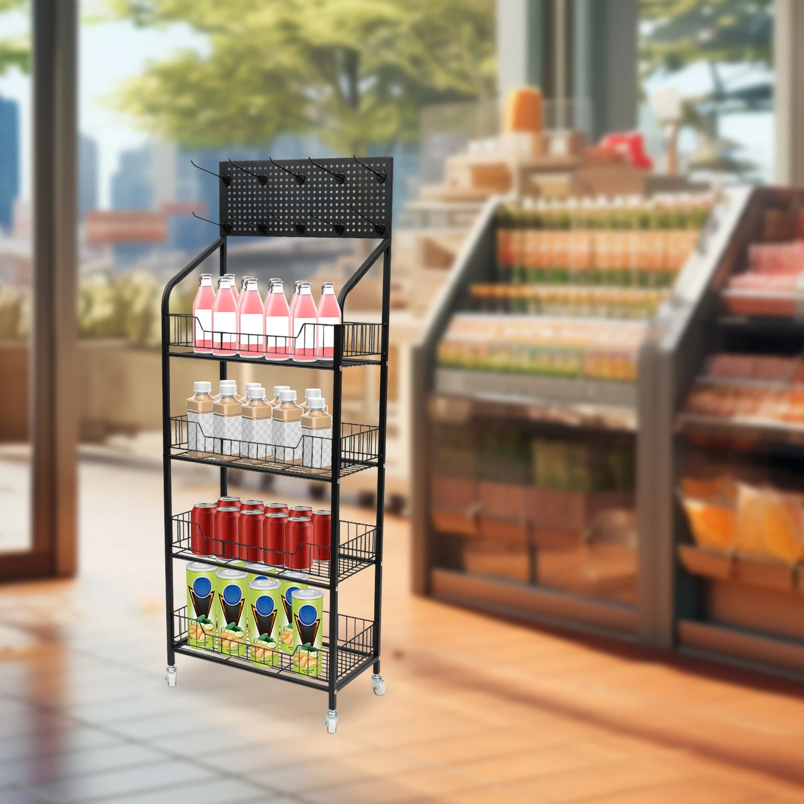 

4 Tiers Baskets Adjustable Rolling Display Snack Rack Freestanding Stand Holder