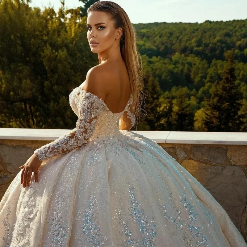 Sparkly Lace Princess Wedding Gown Deep V Off Shoulder Sheer Long Sleeves 3D Flower Crystal Sequins Oversized Voluminous Skirt