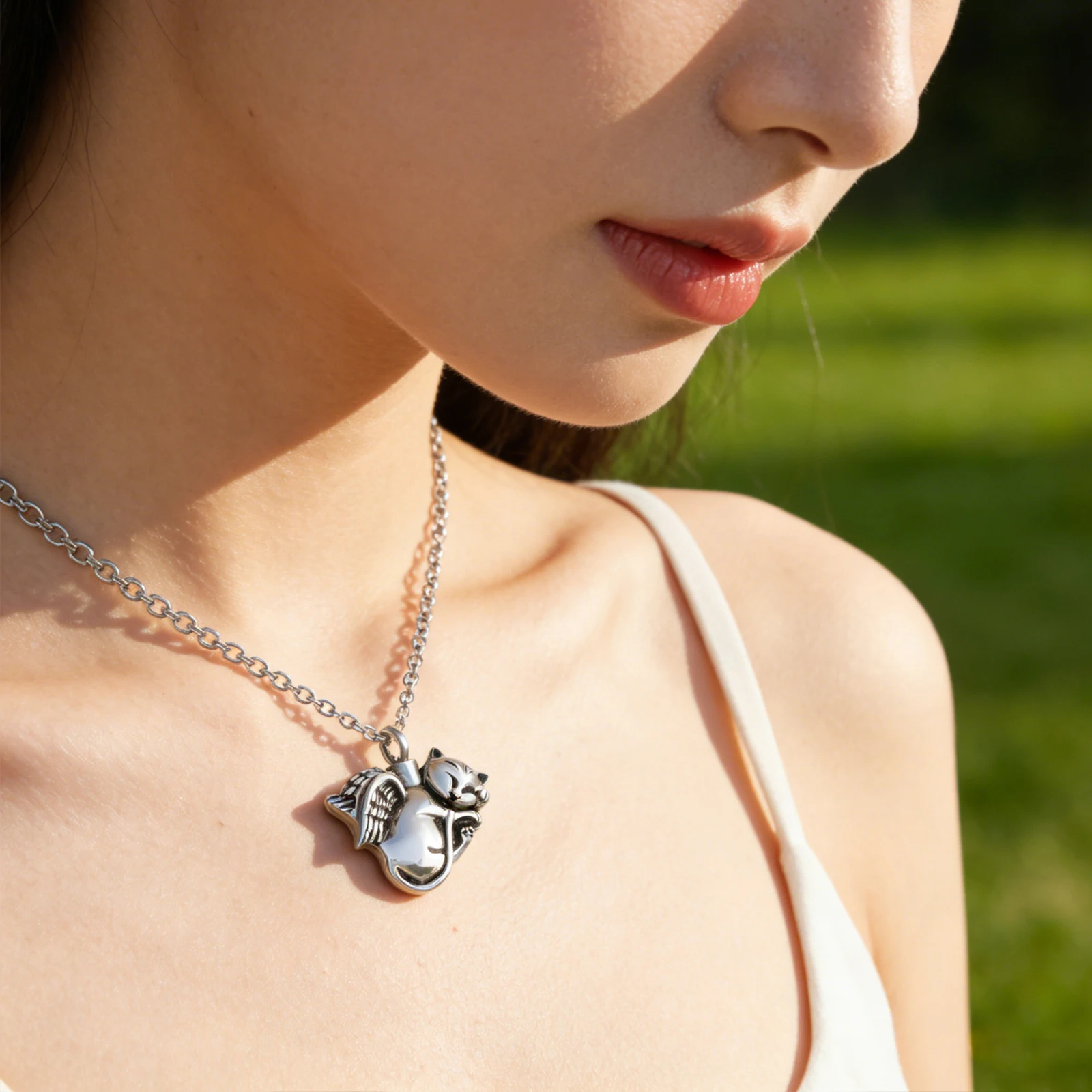 Sleeping Angel Wing Animal Memorial Jewelry Stainless Steel Cremation Pendant Ashes Urn for Pet Cat Keepsake Necklace view 6