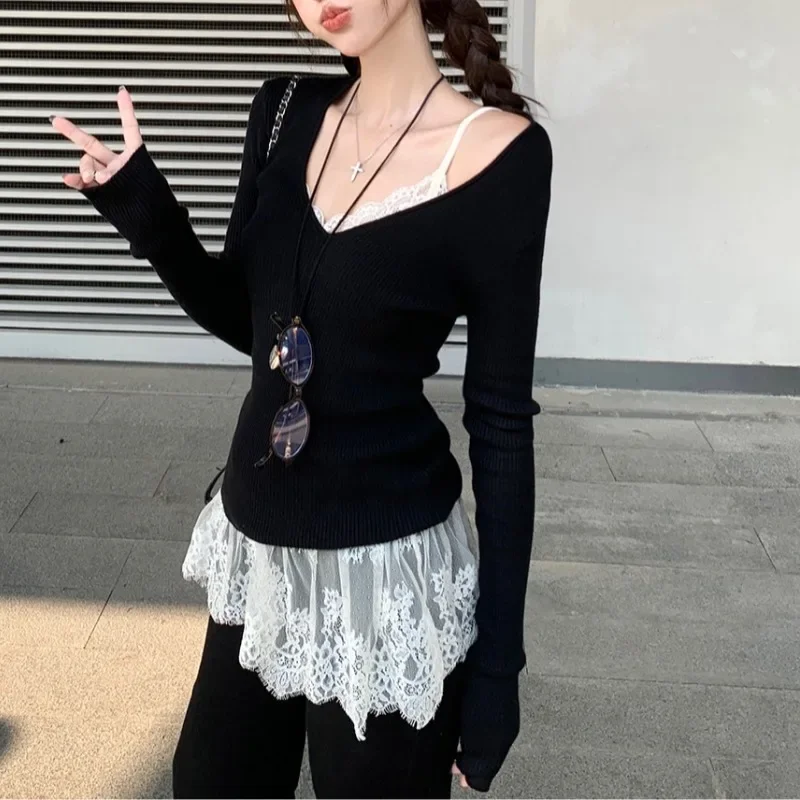 2023 Autumn for Women Vintage Korean Retro High Street Warm Soft Cashmere Sweater + Lace Vest 2 Pieces Suit Knit Pullover Tops