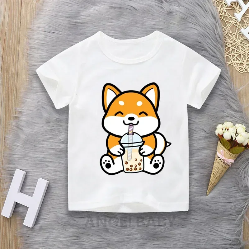 Kids Summer T-shirt Short Sleeve Cute Cat-like Milk Tea Print Funny Panda Dog Animal Design Boys Girls Baby Clothes