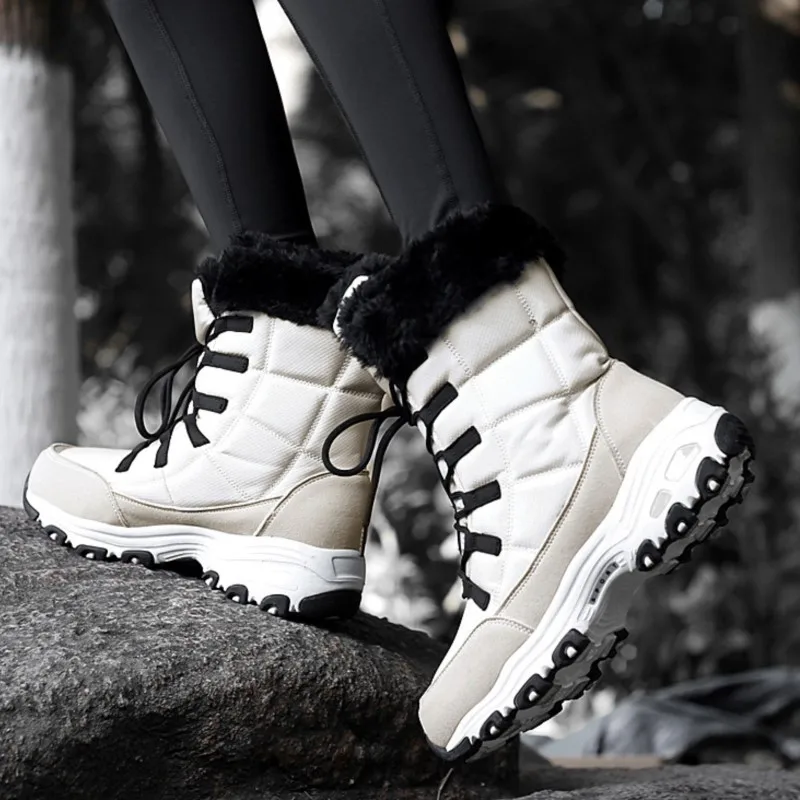 

Women's Snow Boots Winter Warm Mid-calf Boots With Thick Northeast Cotton Lace Up Shoes Non-slip Oxford Cloth Sports Shoes