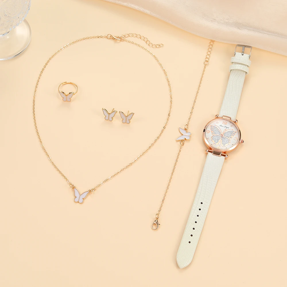 1 قطعة من نمط الفراشة الوردية المتلألئة بمزاج عصري للنساء مقترن 5 قطع من المجوهرات ساعة كوارتز للنساء