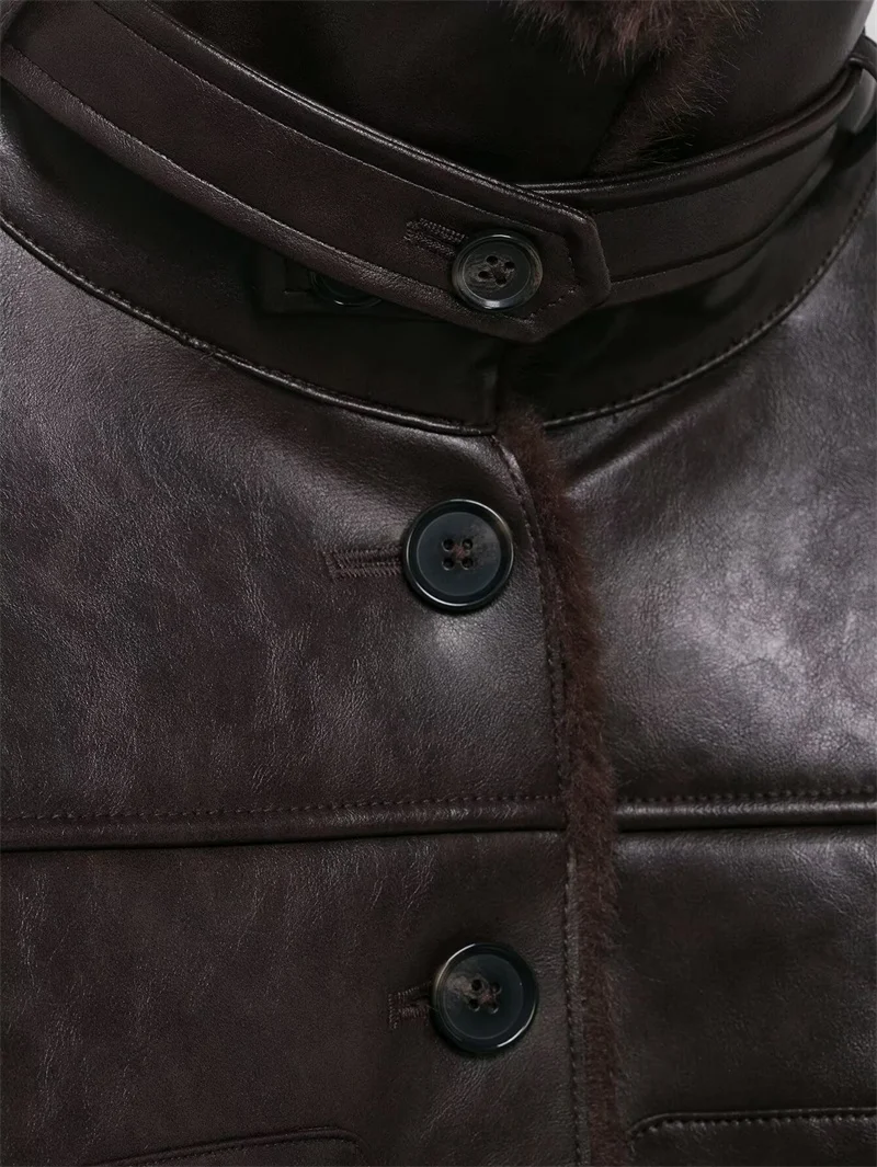 Giacca da donna in ecopelle, nuova giacca casual in pelle a maniche lunghe dritta con colletto alla coreana in peluche Moda casual autunno e inverno