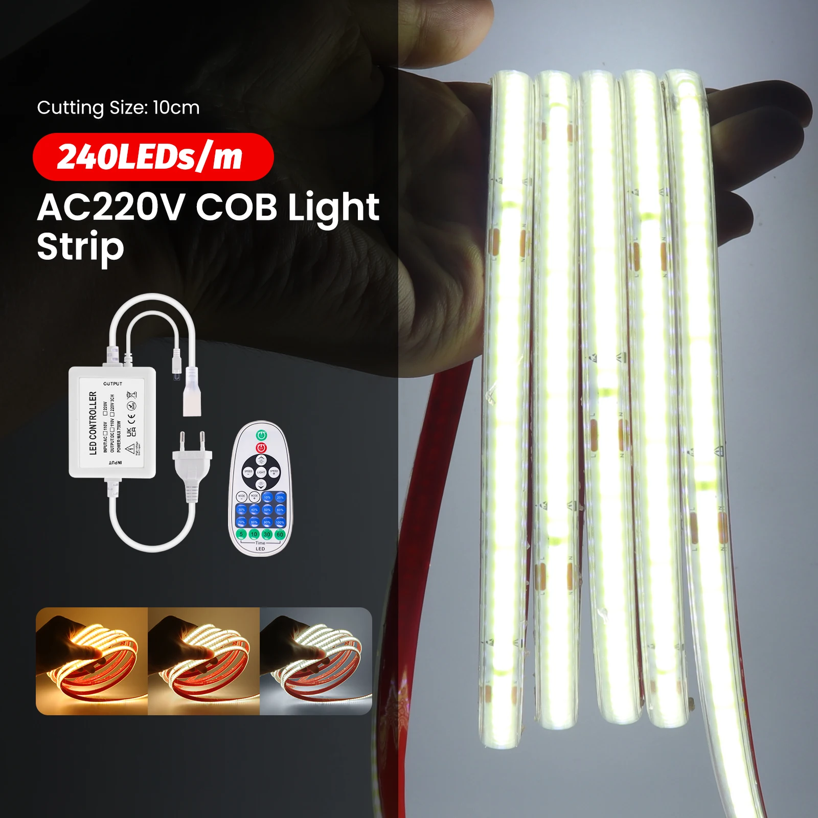 Dimmbares 23-Tasten-IR-COB-LED-Neonstreifenlicht 220V mit EU-, UK-, AU-Stecker IP65 Wasserdicht Warmweiß Natürliches Weiß Flexibles Band 240LEDs 0,5m 25m