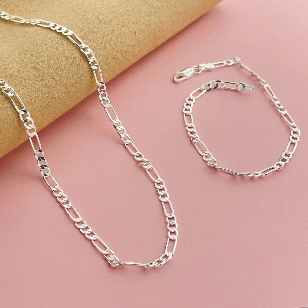 Unisex 925 Sterling Silver 4mm Chain Bracelet Necklace Set, Gift