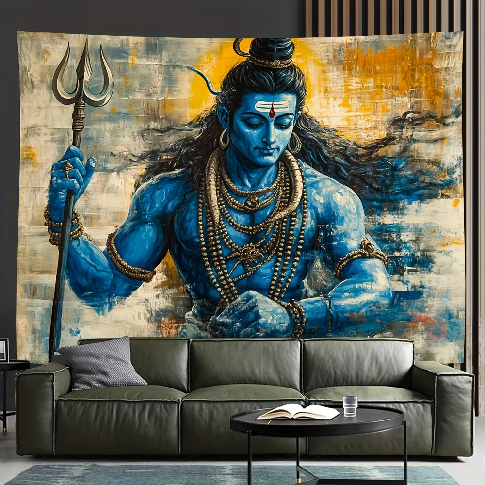 Mystical Lord Shiva Tapestry Blue Skin Hindu Deity with Trident Spiritually Inspired Wall Decor for Home Office Backdrop