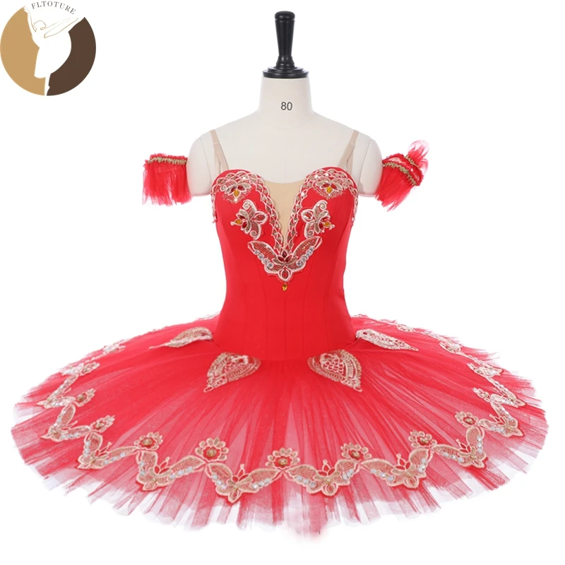 

FLTOTURE Girls Red Nylon Elastic 10 Layers Ballet Competition Custom Made Pancake Tutu Skirt Don Quixote YAGP Stage Costume