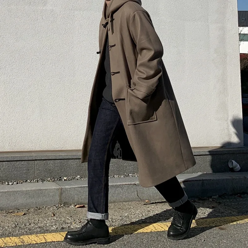 Japanese Tweed Coat, Men's Mid-length Coat, Hooded Lapel Jacket, Hipster Men's Horn Buttoned Tweed Trench Coat