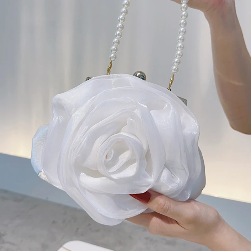 White Flowers Evening Bag Rose Elegant Purse Formal Wedding Handbag Simple Clutch