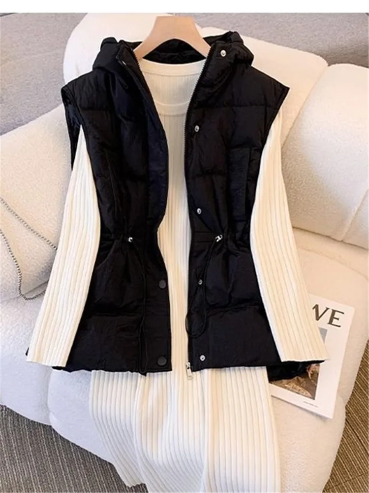 

New Autumn Winter Women's Loose Fit Versatile Vest Jacket Black Hooded Collar Regular Style Black Beige Vests Outerwear Female