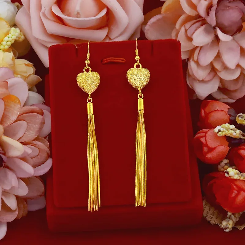 9999 Real Gold 24K Long Japanese and Korean Fashion Earrings, Women's Love Fringed Ear Hooks, Personalized Earrings