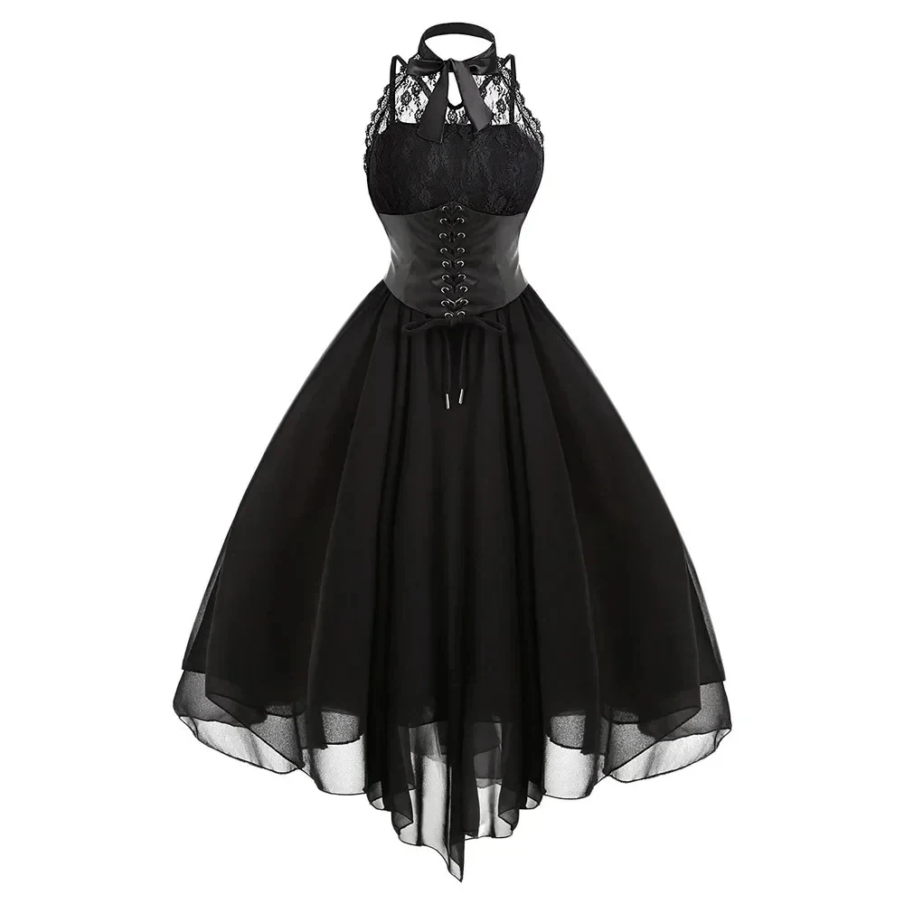 

Victorian Gothic Punk Vintage Halter Dress 2025 Women's Black Sleeveless Palace Vintage Lace Splicing Tunic Swing Party Dress