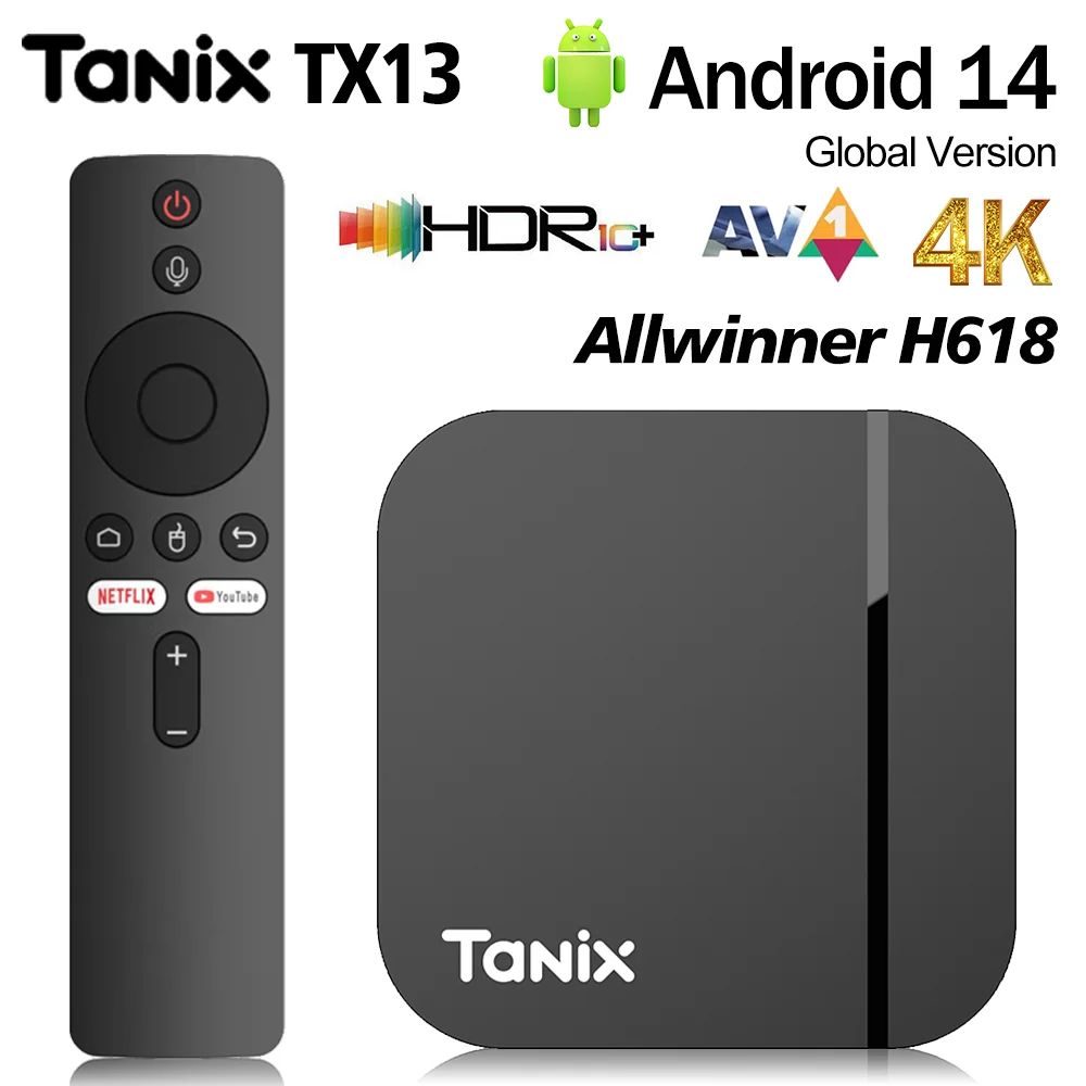 

ТВ-приставка Tanix TX13 на Android 14, Allwinner H618, AV1, 4K HD, HDR10+, с поддержкой OTA, BT5.0, голосовым управлением и функцией стриминга