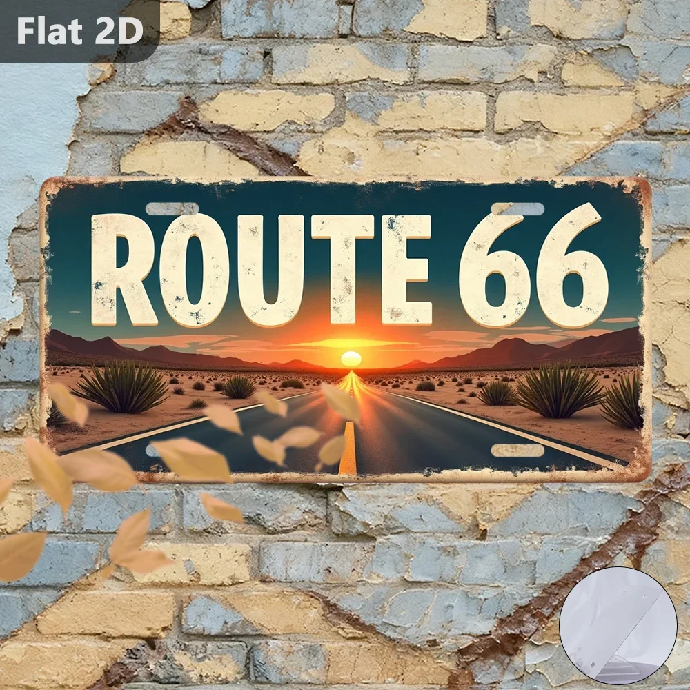 2D Flat 1pc Vintage Route 66 Road Sign Retro 1950s Americana Wall Decor,  Aluminum Metal Plaque for Garage, Home, Office