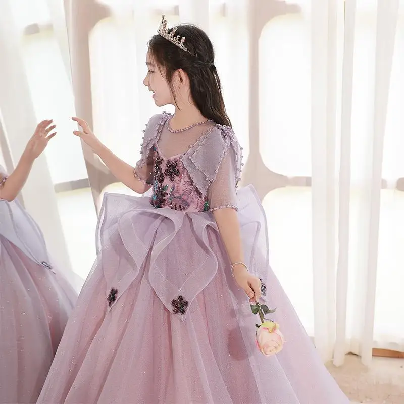 

Детское платье принцессы, фиолетовое платье с цветочным узором для девочек на свадьбу, платье для маленьких девочек, платье для подиума на фортепиано для девочек, весна и осень