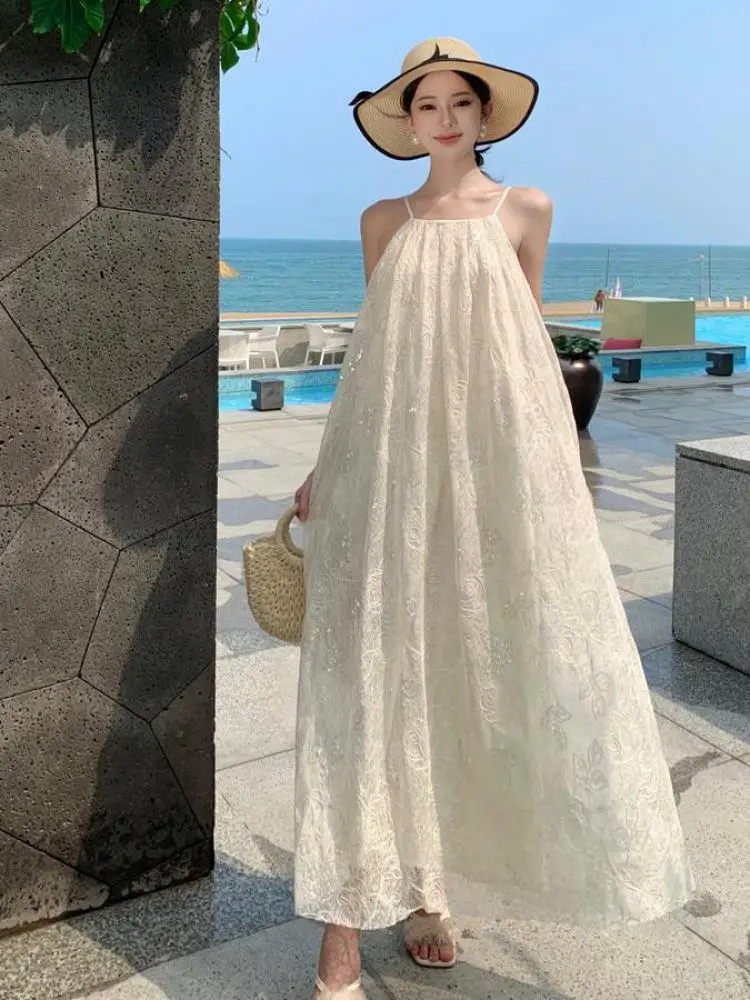 

Summer Korean Fashion Beige Elegant Sexy Loose Off Shoulder Slip Dress Women Backless Holiday Pleated Long Dress Simplicity Chic