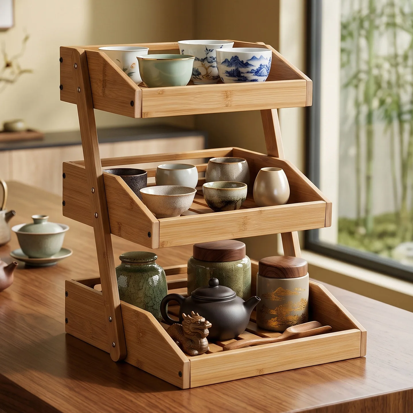 Solid wood vertical inclined storage rack, living room study Bogu rack, sundries, candy figures, tea set, partition shelf