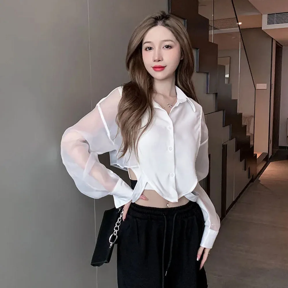 Sheer Loose Chic Summer Shirts Women Sun-proof Crop Tops Sexy Girls Ulzzang Fashion Casual Streetwear Camisa All-match Aesthetic