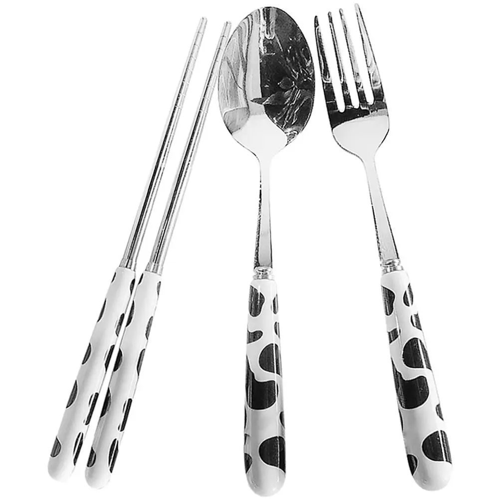 1Set Cartoon Cow Tableware Set Portable Rustproof Dishwasher Safe Travel Utensils Kit for Camping Picnic Hiking Bbq Lunch Box