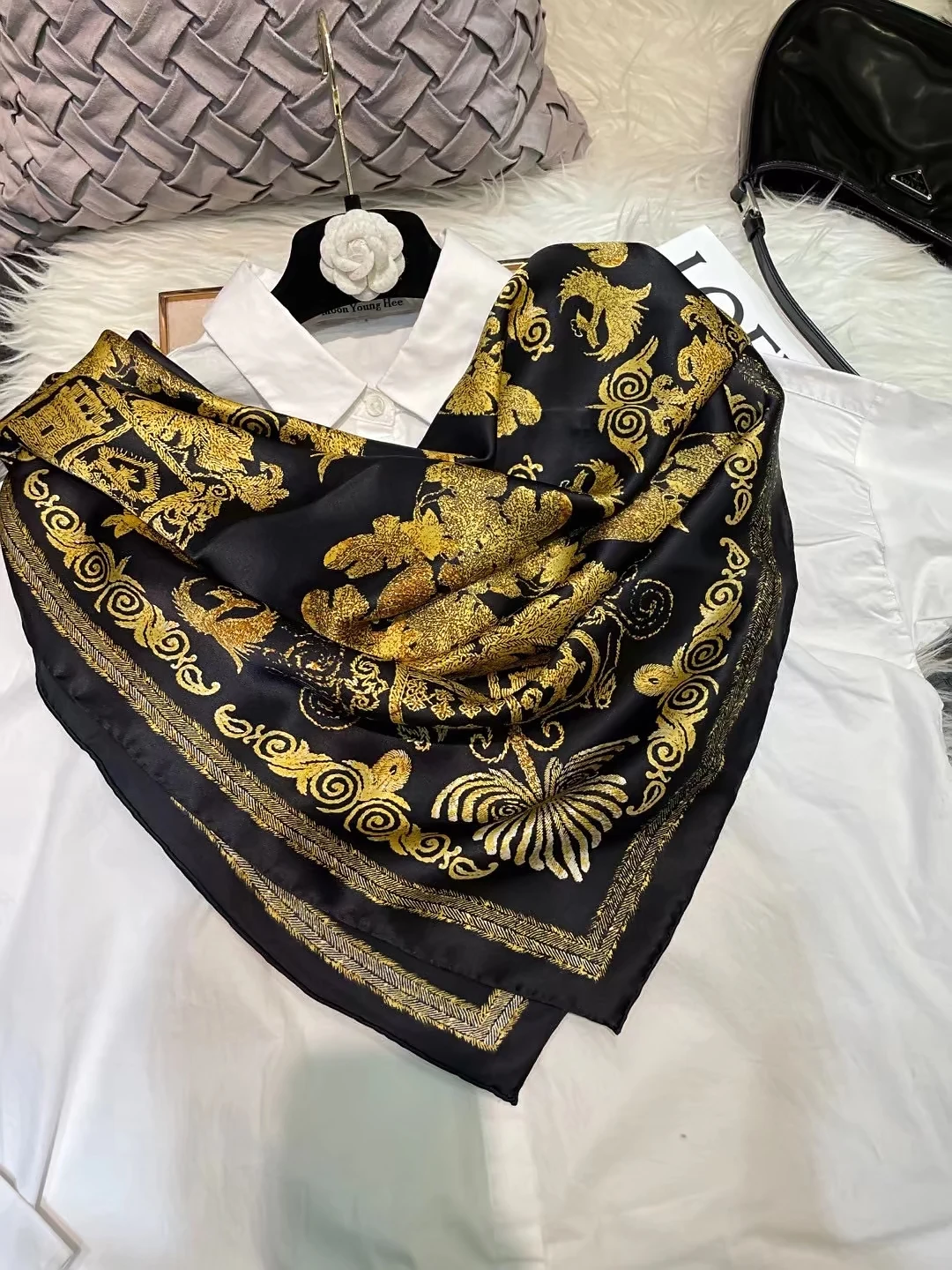 BYSIFA| Spring Black Gold 100% Natural Silk Scarf Hijab Women Fashion Brand Large Square Scarves Shawls Autumn Winter Scarves