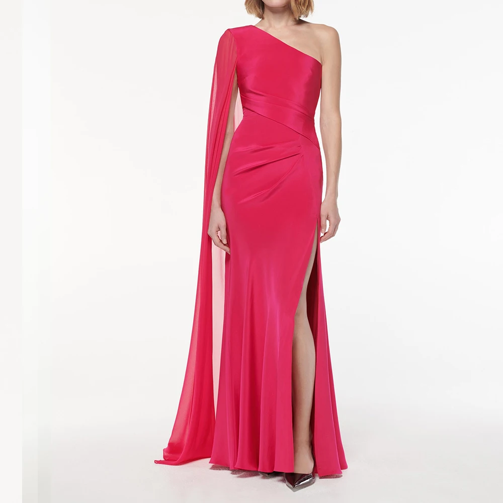 

Customized Classic Side Slit Watteau Train One Shoulder Evening Dresses Graceful Red A-Line Satin Pleats Party Gowns فساتين سهرة