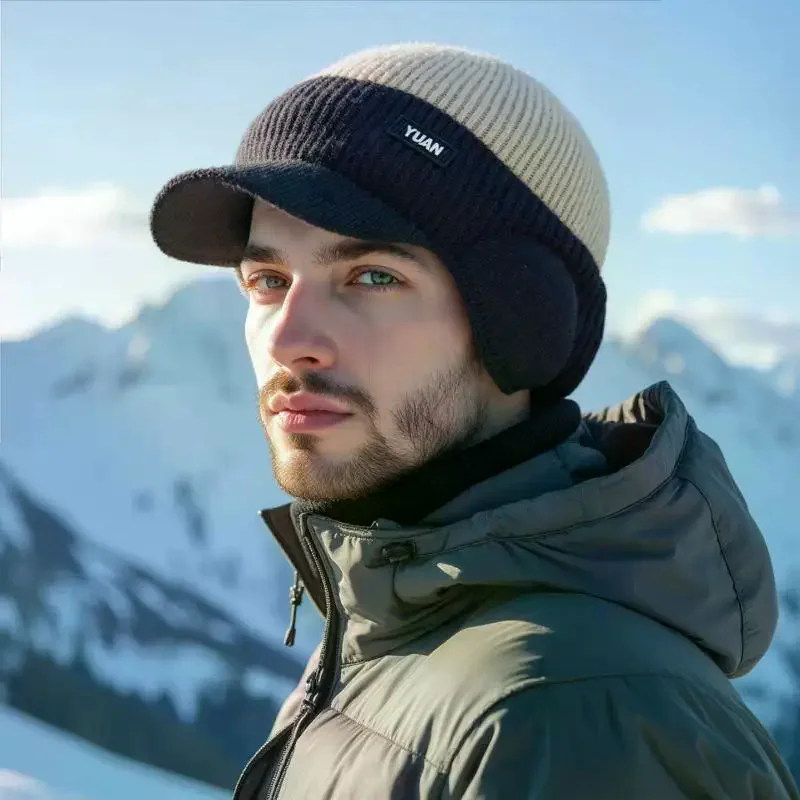 Mens Winter Earflap Cap With Visor Warm Fleece Lined Windproof Full Ear Coverage Beanie For Hiking