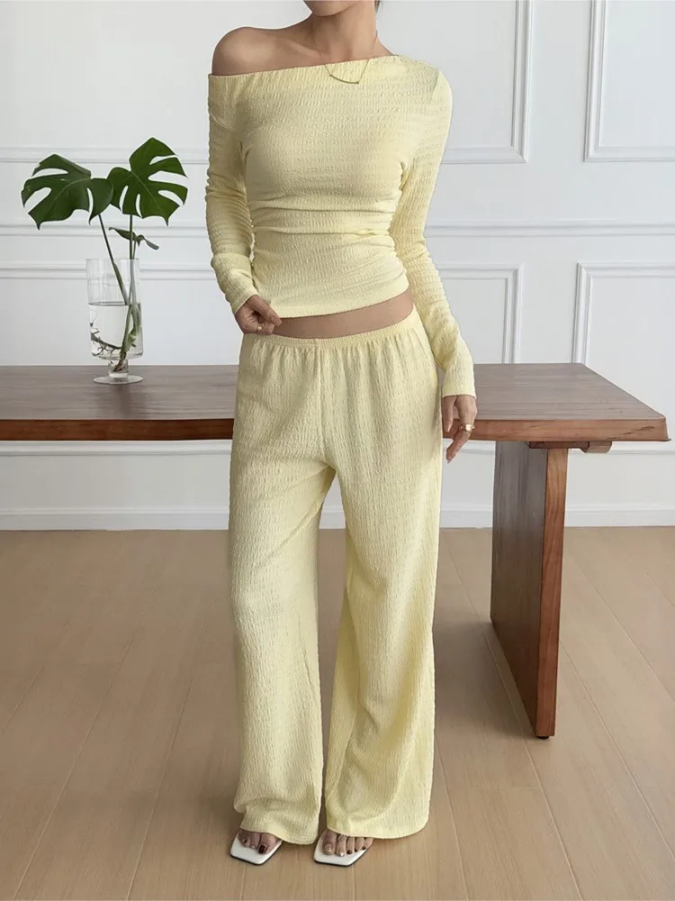 

Woman 2 Piece Set Outfit Solid Color Long Sleeves T Shirt Long Pants All-match Two Piece Outfits Simple Style Off Shoulder Slim