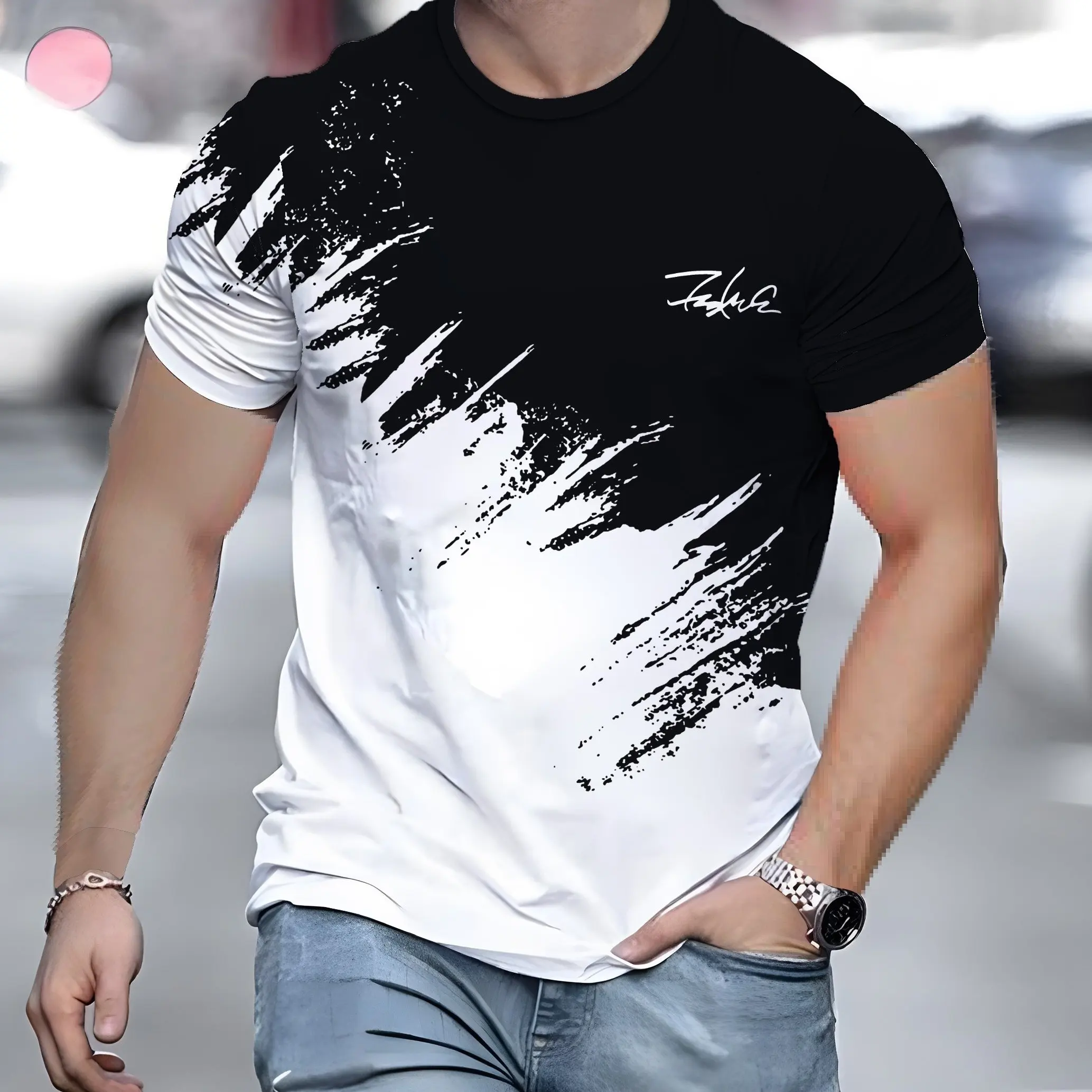 Men's Casual Gradient Printed T-Shirt Short Sleeve 3D Text Pattern Fashion Streetwear Top for Men