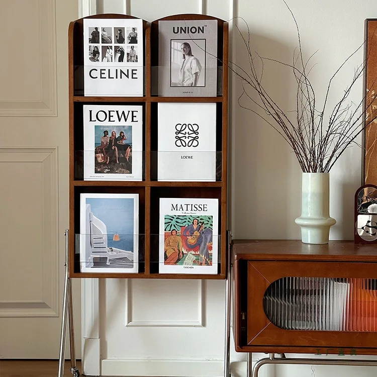 Multi-Tier Adjustable Floor Magazine Stand for Small Spaces with Casters and Acrylic Storage for Living Room French Vintage