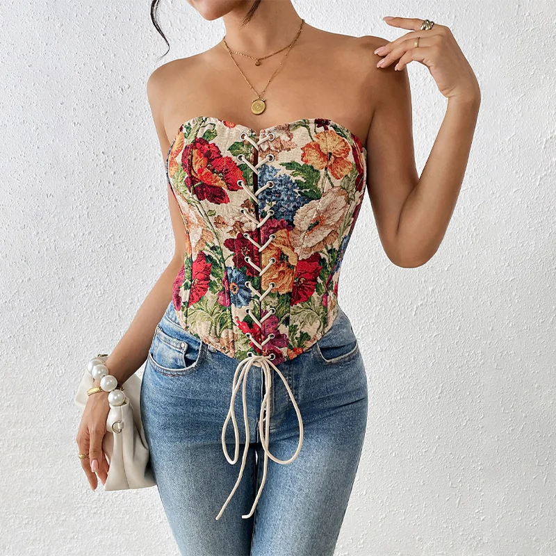 

2025 Summer Strapless Tie-Up Asymmetric Short Crop Top with Printed Fishbone Pattern Women's Corset
