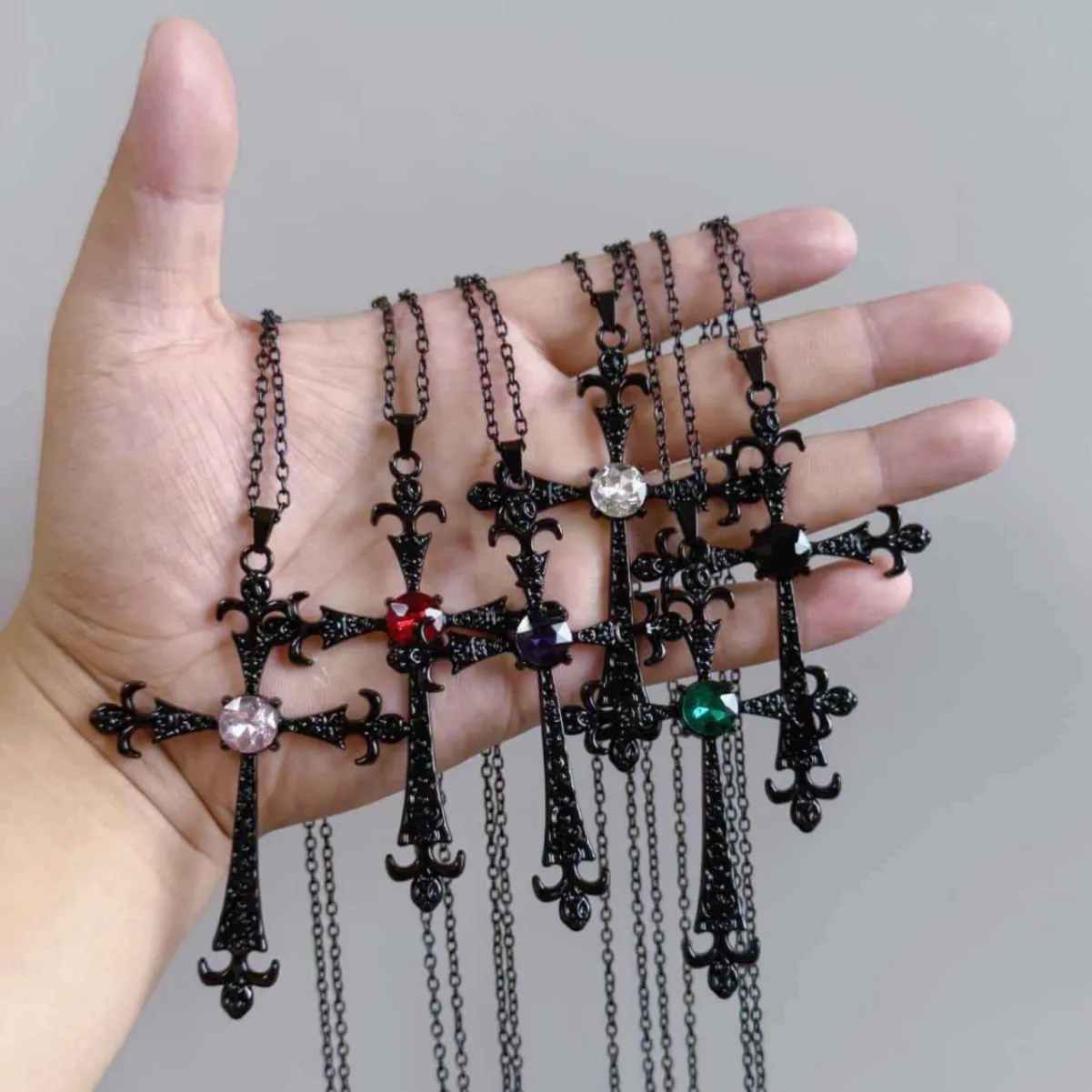 

Baroque black Cross necklace,Gothic jewelry,Large Cross,witchcraft accessory,pagan,alternative,colored rhinestone, Women Choker
