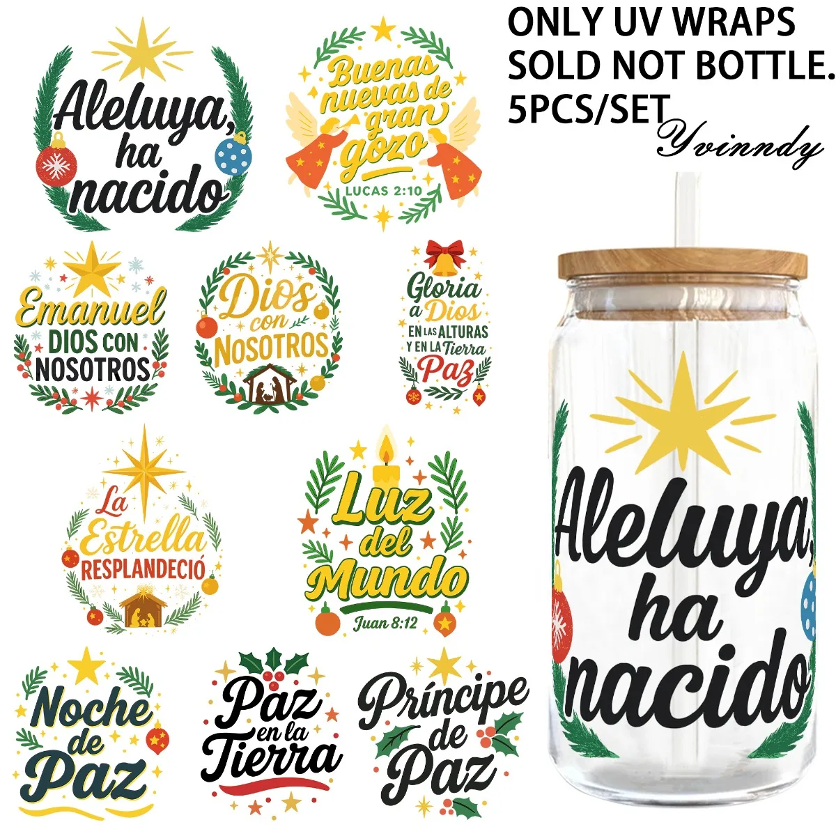 5Pcs/Set Spanish Inspirational Quotes 16OZ Transfer Paper UV DTF High Self-Adhesive Transfer Paper Suitable For Decorating Cups