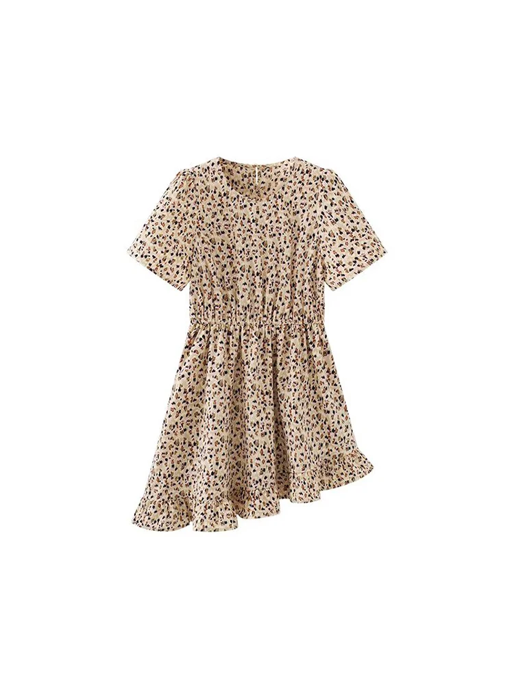 ヨーロッパとアメリカンスタイルの秋の新しい花柄不規則なプリーツ半袖ドレス女性のためのハイウエストデザインニッチスカート